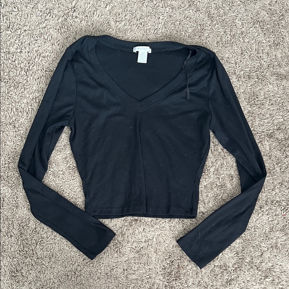 Bozzolo Black Ribbed Long Sleeve V-Neck Top